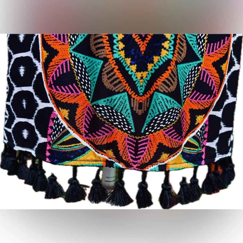 TRINA TURK  Abstract Halter Dress- Size M - Great Colors -Fringe around bottom- - Picture 3 of 6